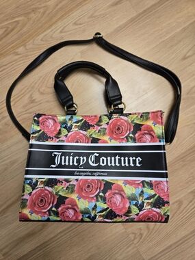Juicy Couture Black Floral Rose Tote with Logo Stripe
